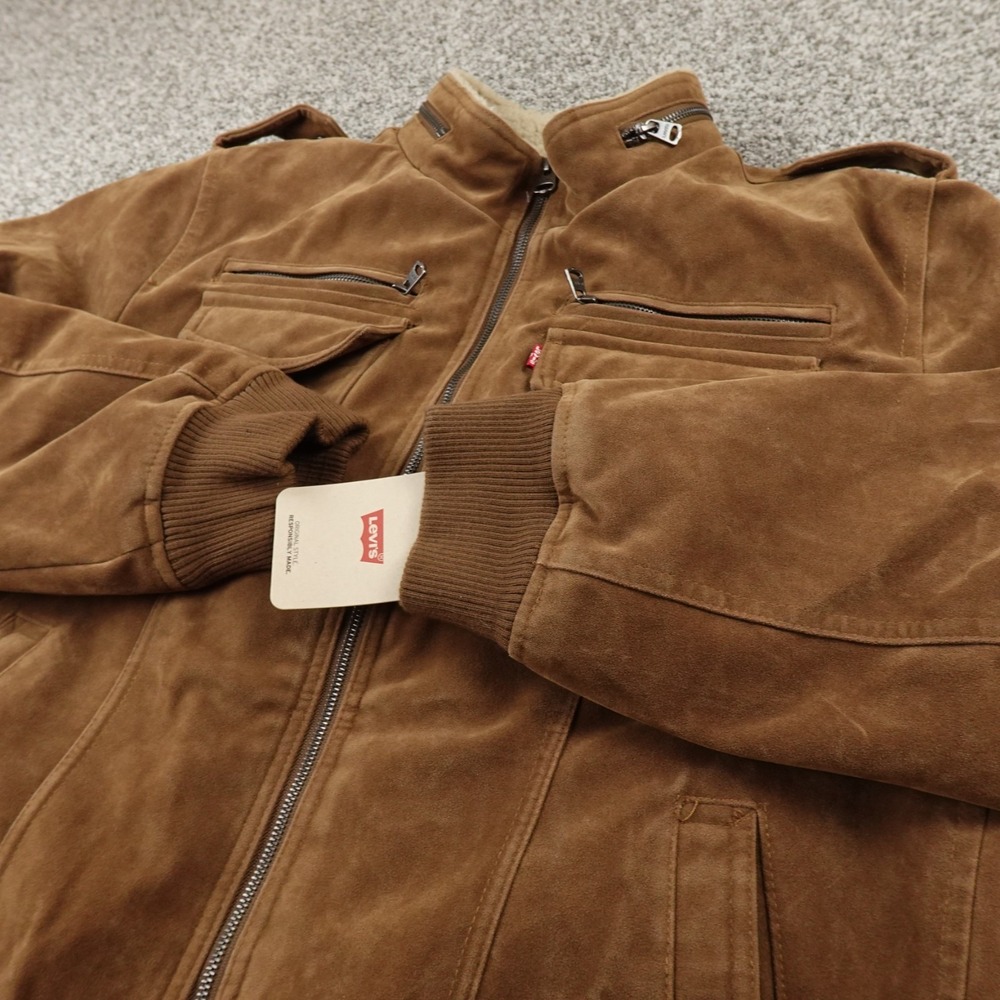 NEW Levis Jacket Mens 2XL Brown Sherpa Lined Faux Suede Trucker Bomber Coat Work